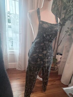 Mushroom Print Washed Black Overalls